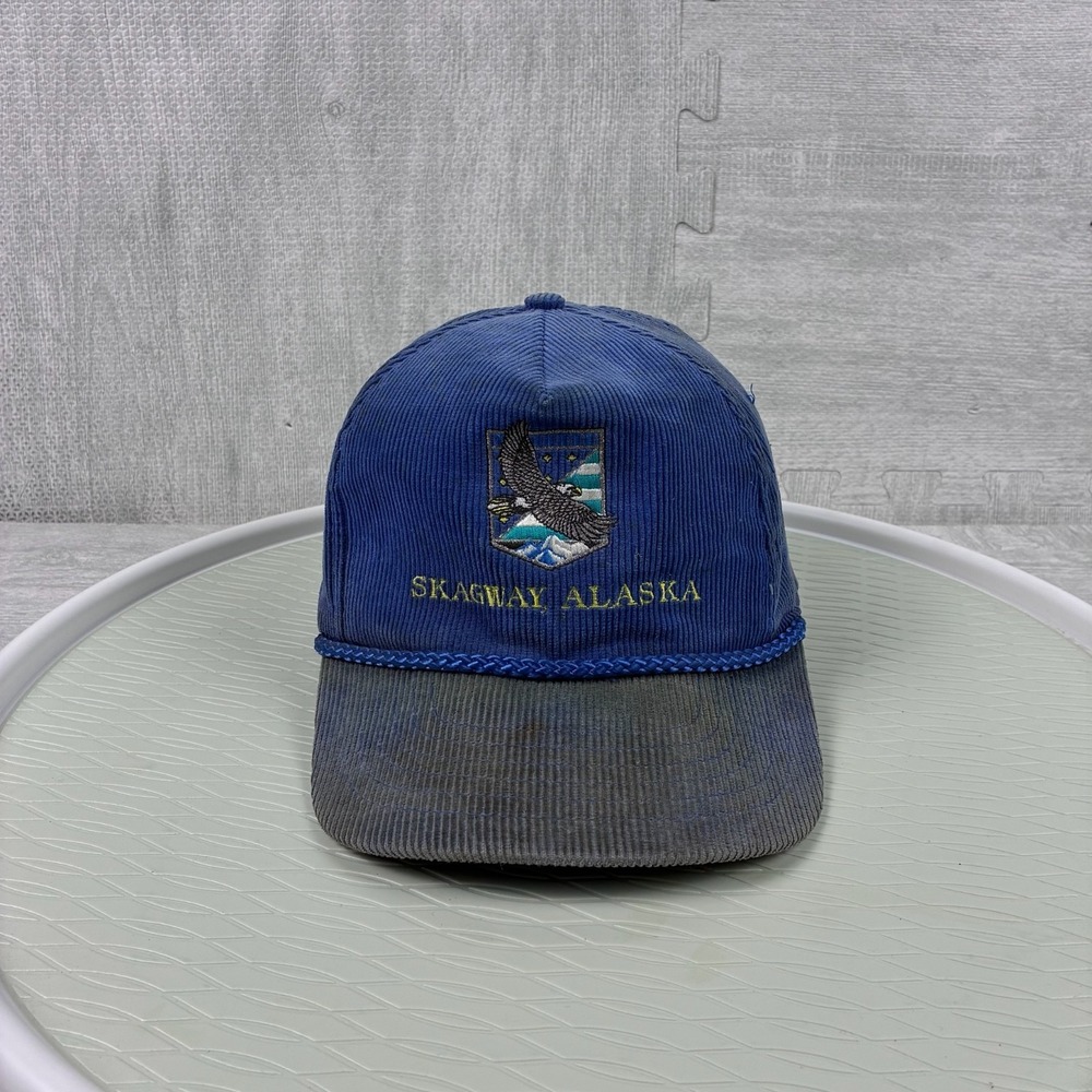 Vintage Skagway Alaska Corduroy Hat Cap Snapback Rope Blue Faded Eagle